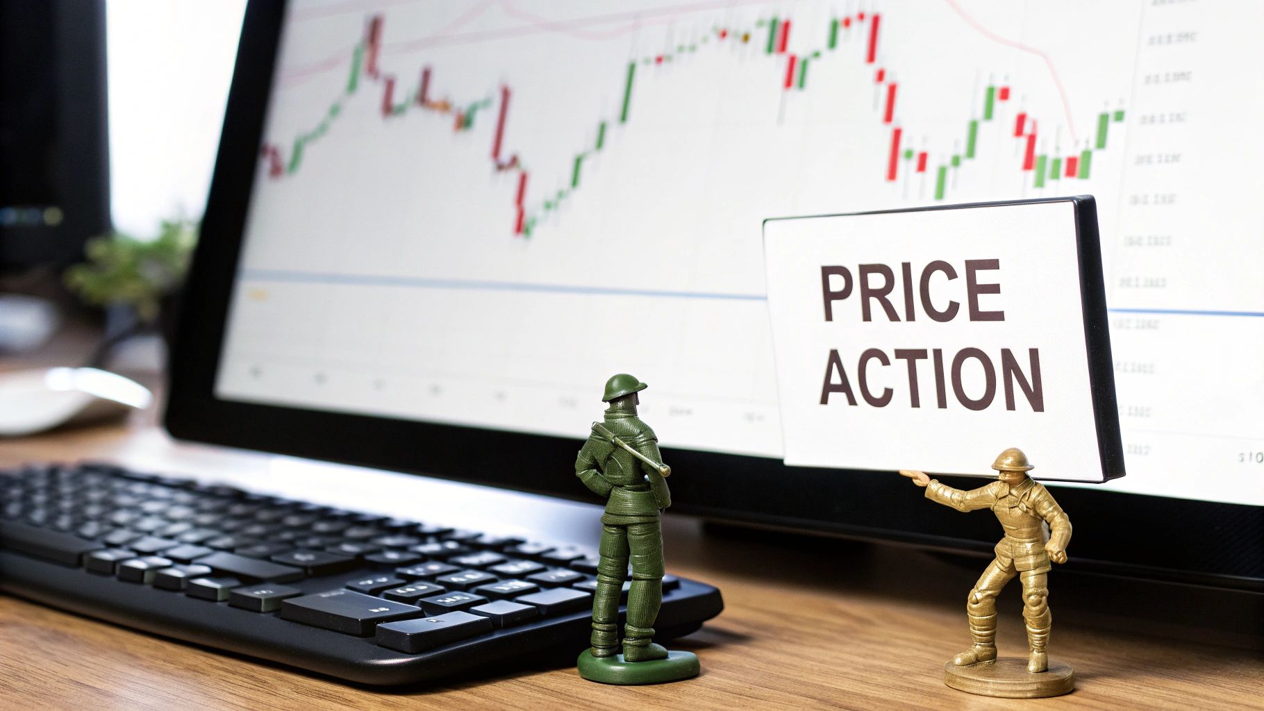 Two toy soldiers and a 'PRICE ACTION' sign in front of a computer displaying financial charts.