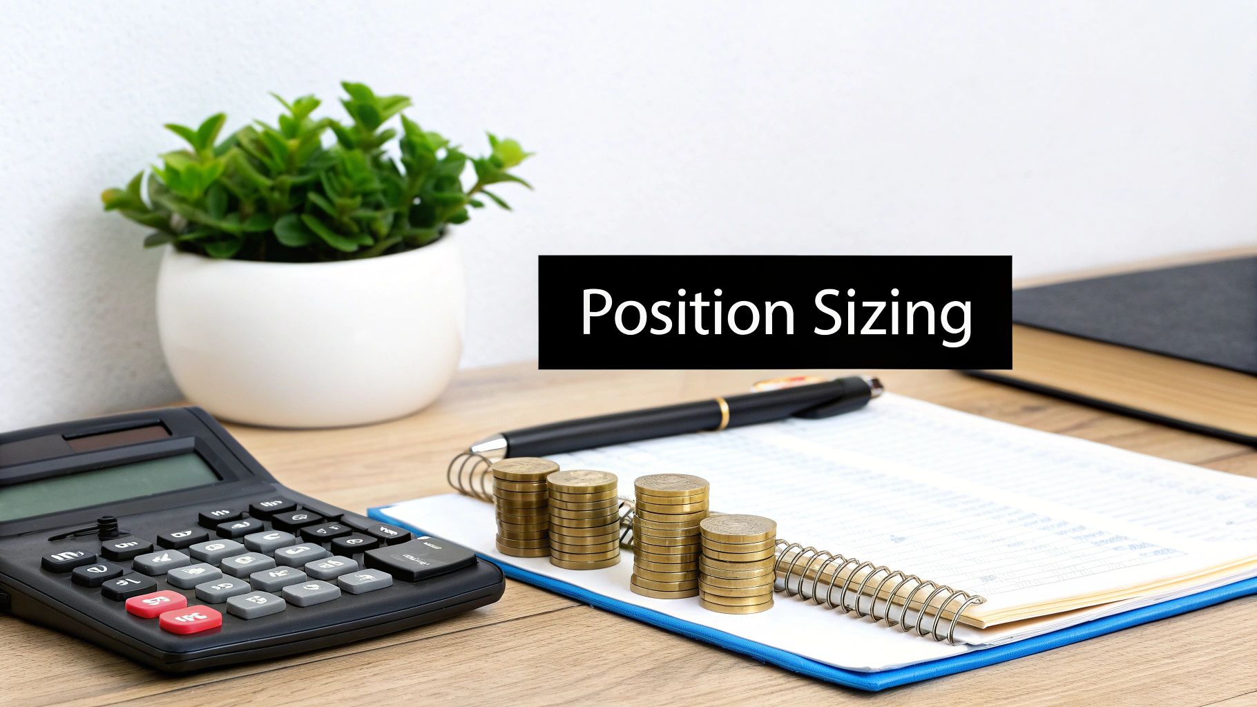 A desk with a calculator, plant, pen, notebook, and coin stacks, overlaid with 'Position Sizing'.