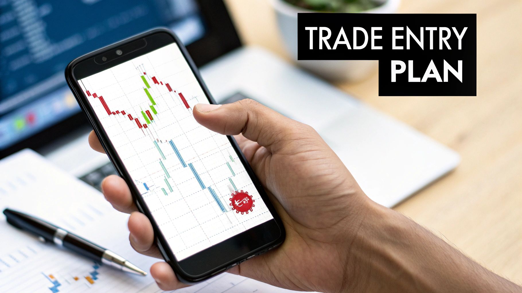 Trader viewing candlestick chart and volume indicators on mobile phone planning trade entry strategy