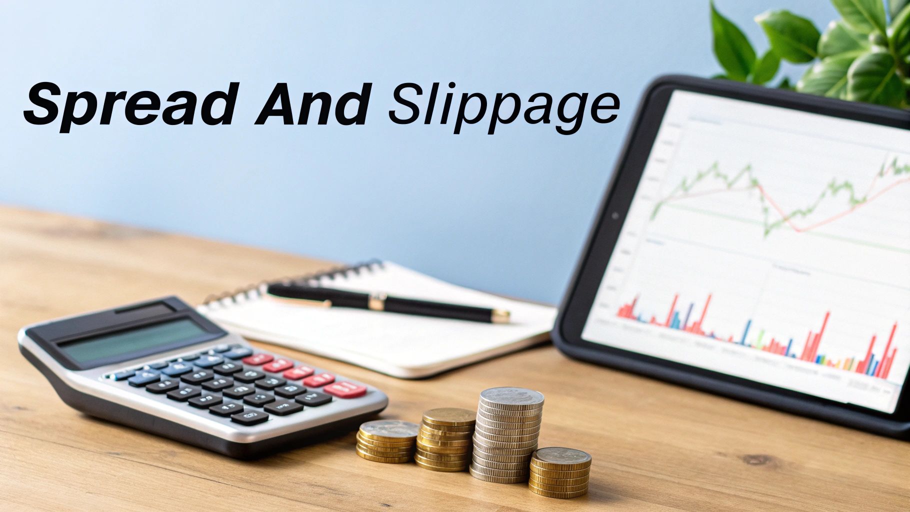 A finance desk with a calculator, notebook, coins, and tablet displaying charts and 'Spread And Slippage' text.