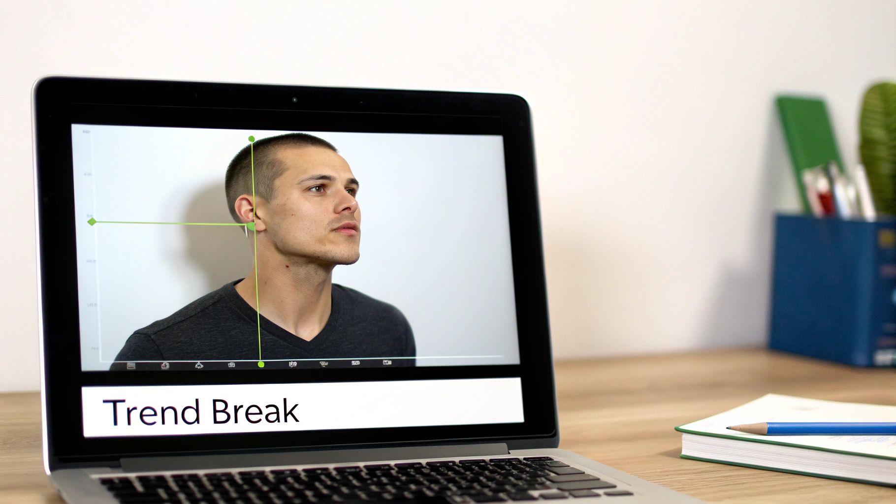 A laptop screen showing a man's face, 'Trend Break' text, and green chart lines.