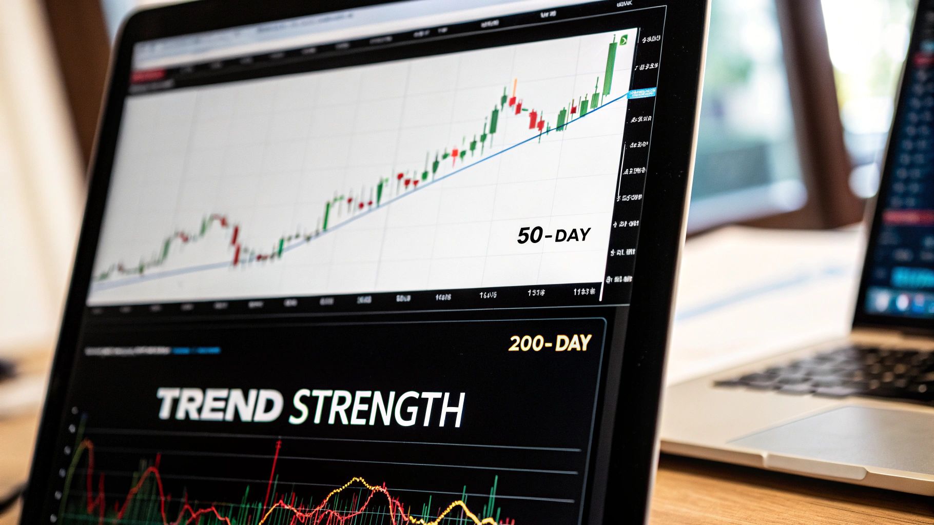 A stock chart showing volume and moving average indicators.