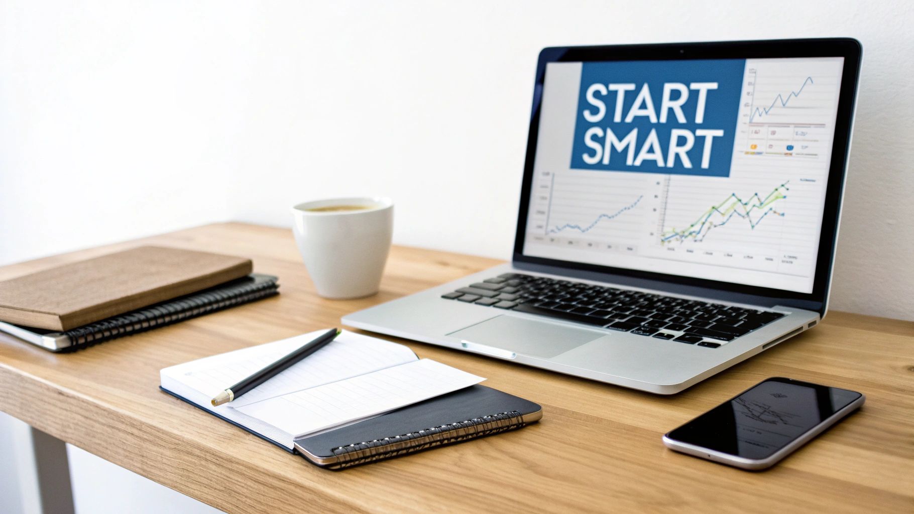 A laptop screen displays 'START SMART' and financial graphs on a wooden desk with coffee, notebooks, and a smartphone.