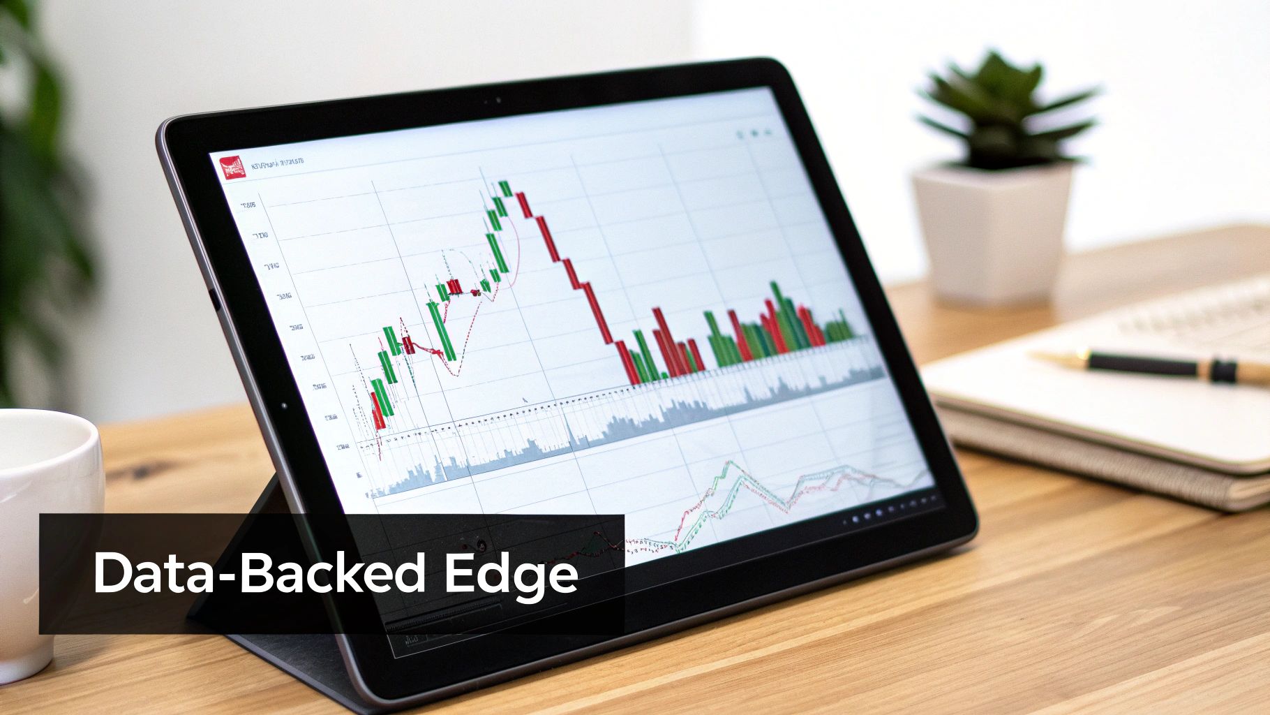 A tablet displaying financial charts with green and red candlesticks on a wooden desk with a pen and plant.