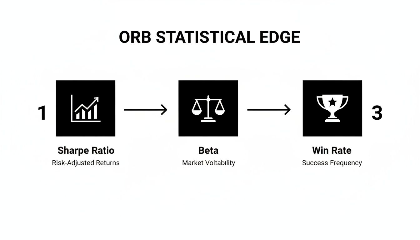 Flowchart detailing the ORB Statistical Edge, featuring Sharpe Ratio, Beta, and Win Rate financial metrics.