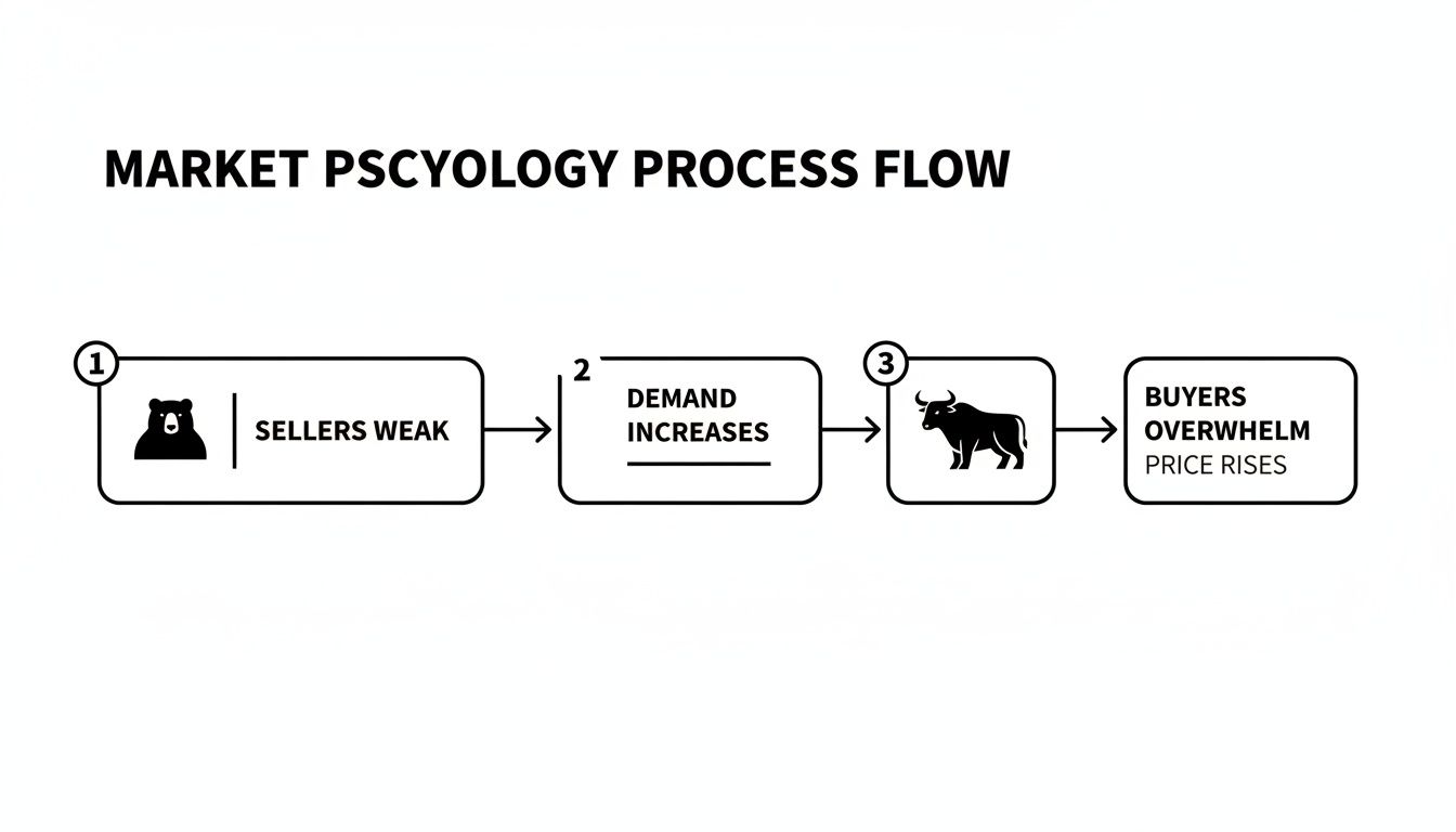 Flowchart explaining market psychology: weak sellers, increased demand, overwhelmed buyers, rising prices.