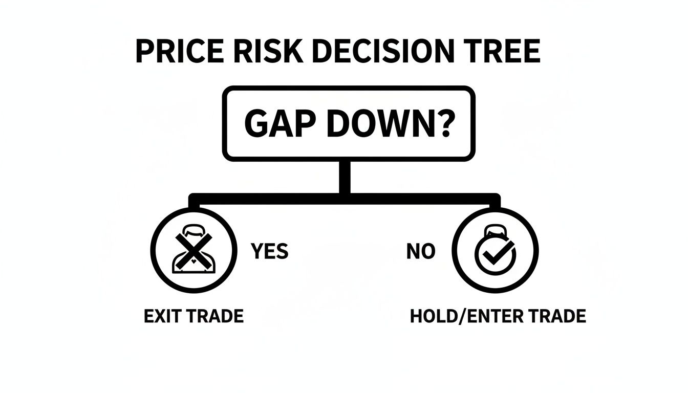 A price risk decision tree flowchart: if price gaps down, exit trade; otherwise, hold or enter trade.