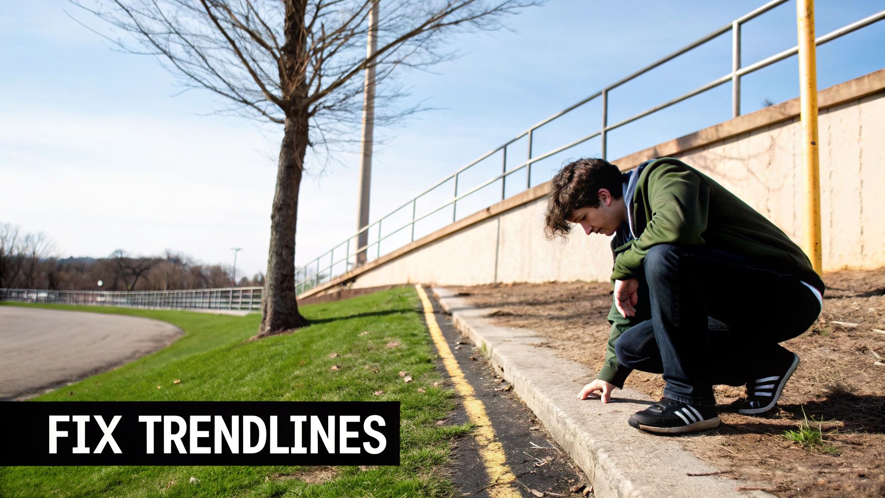 A young man crouches by a curb with a yellow line, intently observing the ground markings.