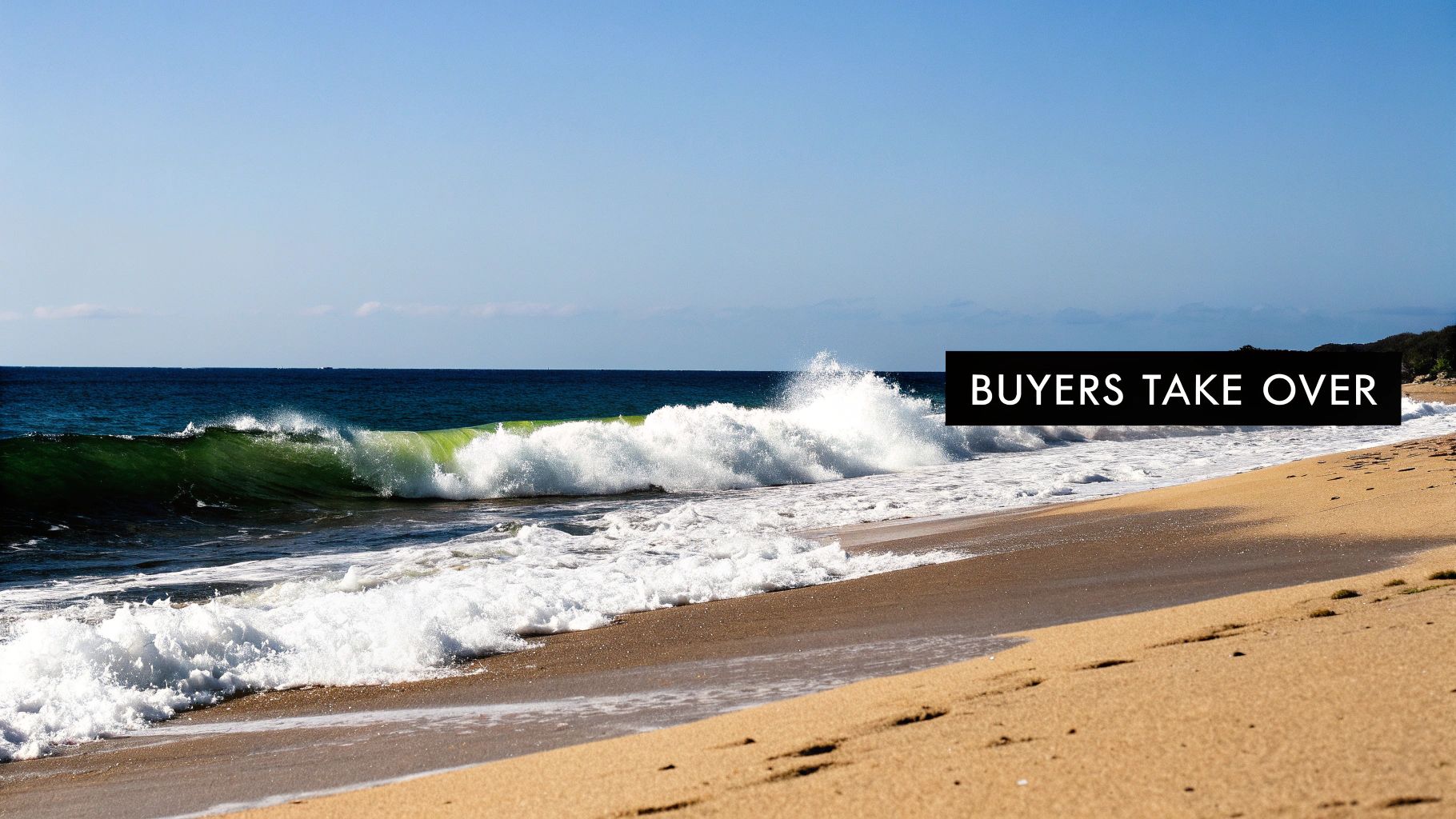 A powerful green wave crashes on a sunny sandy beach with the text 'BUYERS TAKE OVER'.