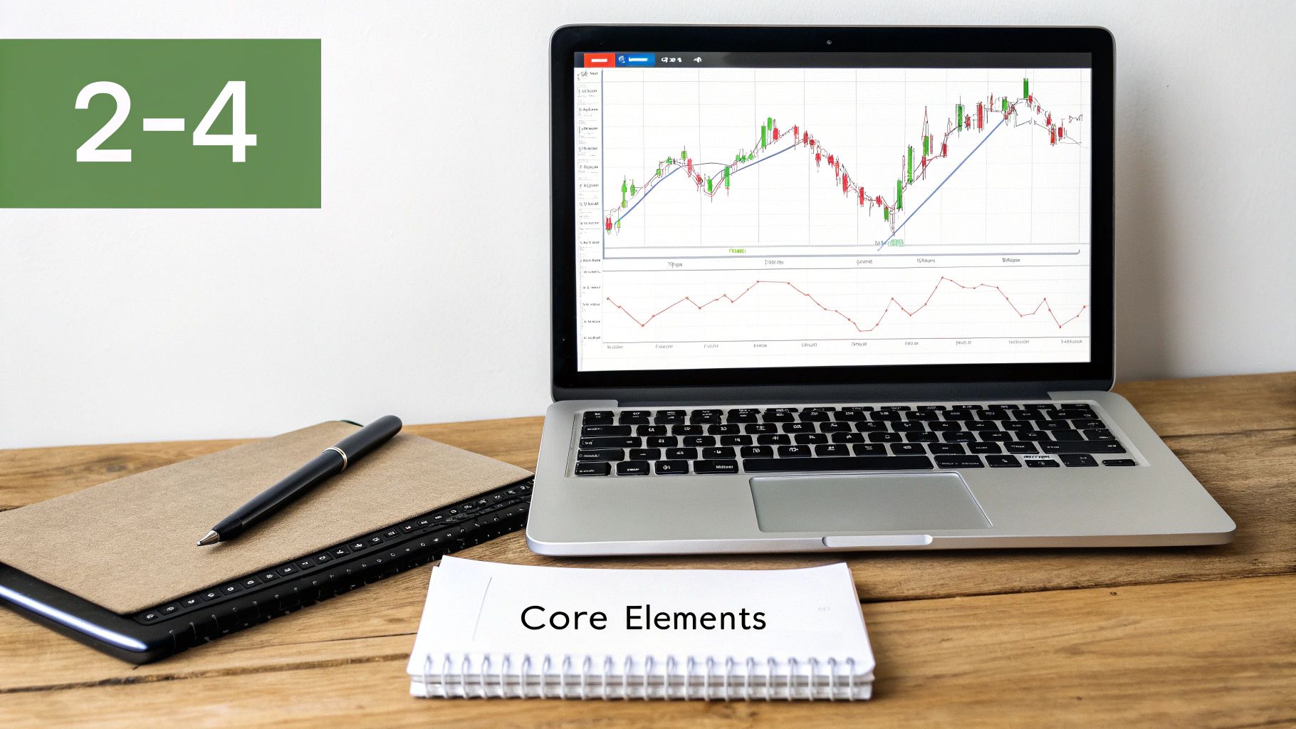 A laptop displays financial trading charts next to notebooks and a 'Core Elements' pad on a wooden desk.
