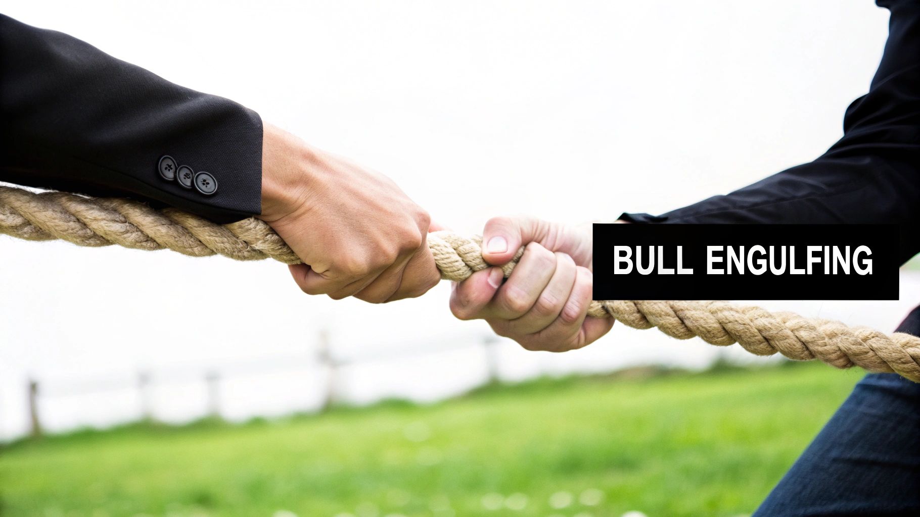 Two people engaged in a tug-of-war, their hands gripping a thick rope. Text overlay reads 'BULL ENGULFING'.