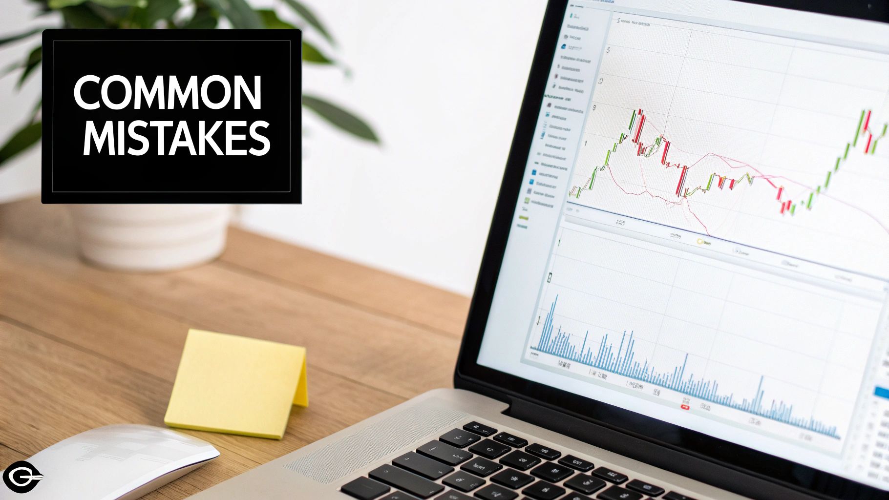 A 'COMMON MISTAKES' sign on a desk next to a laptop displaying financial trading charts and graphs.