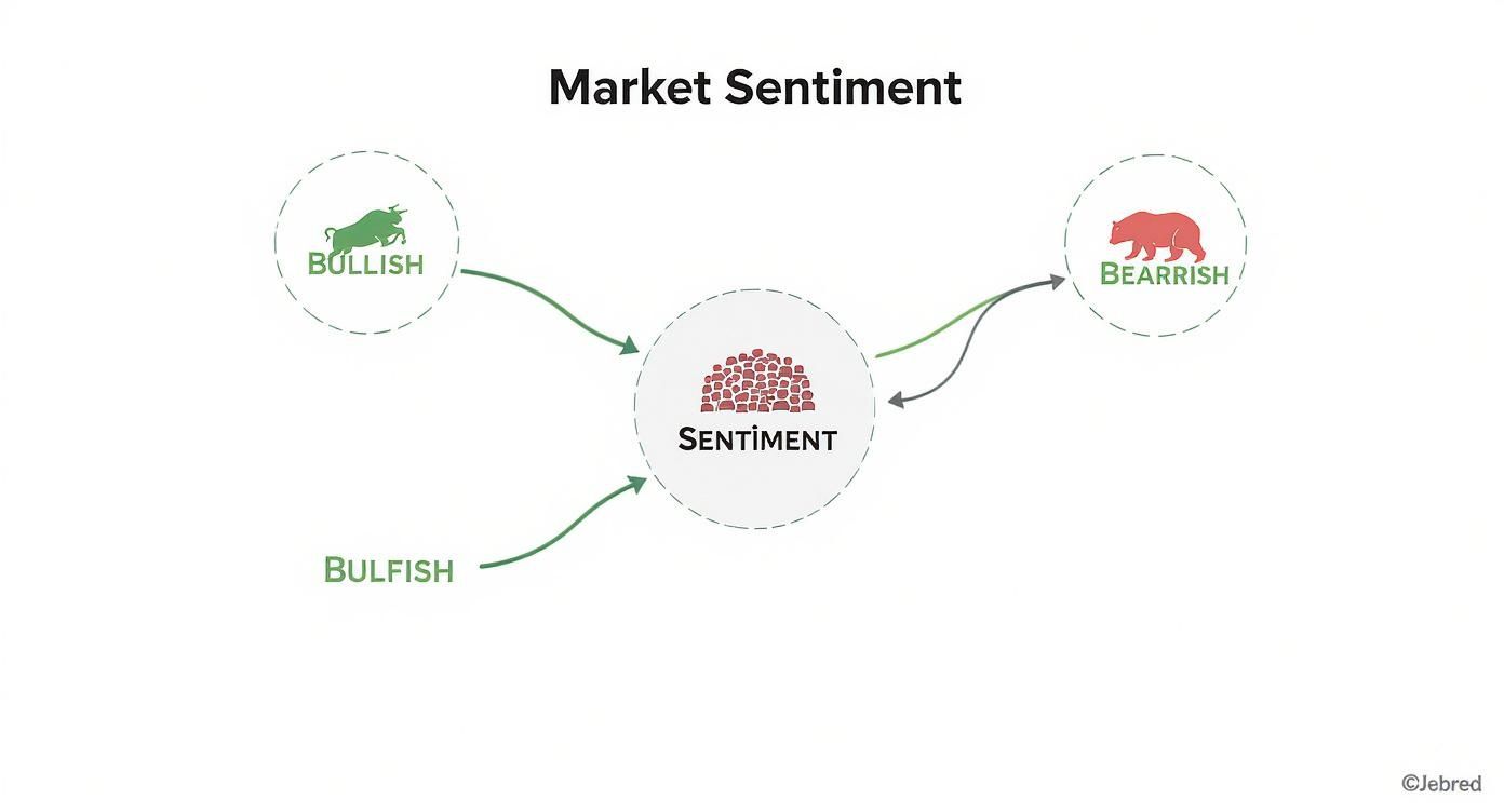 Market sentiment diagram showing bullish, bearish, and bulfish indicators influencing crowd sentiment analysis