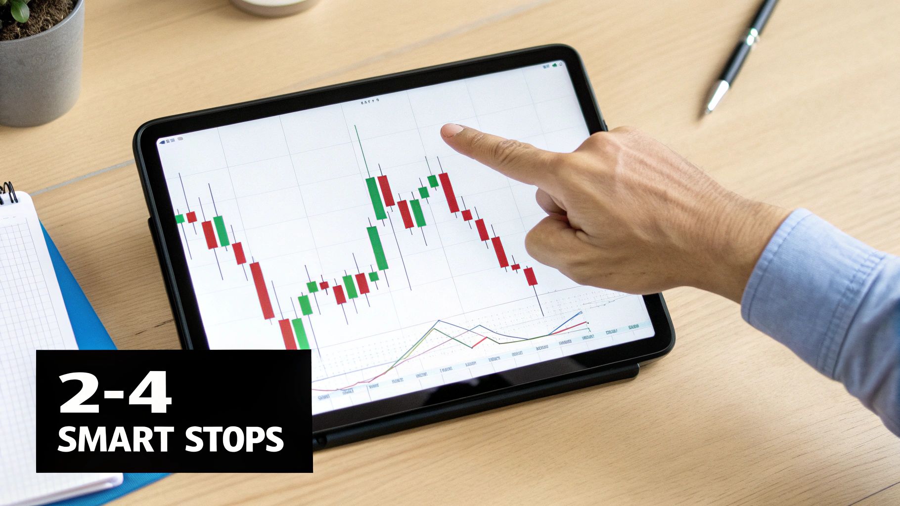 A hand points at a financial candlestick chart displayed on a tablet screen, with '2-4 SMART STOPS' text.