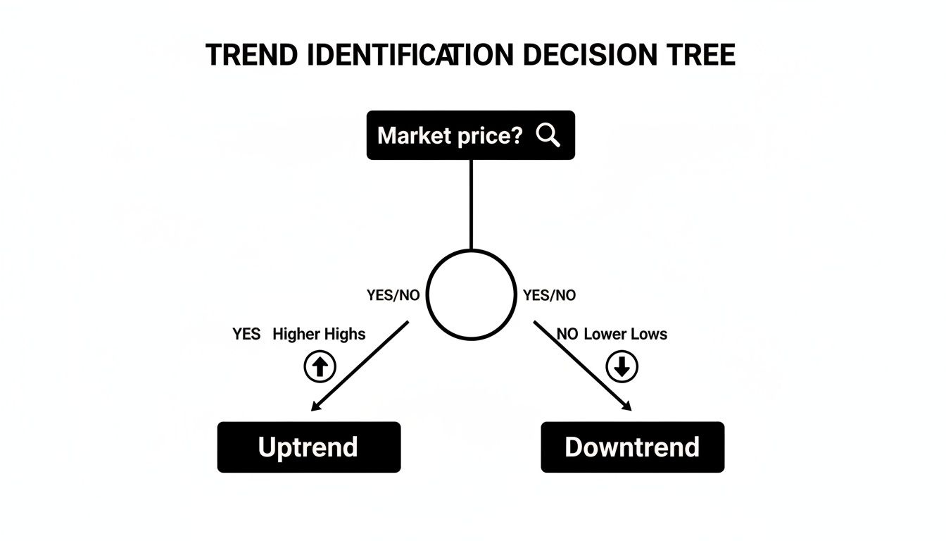 A decision tree diagram illustrating how to identify uptrends and downtrends in market price.