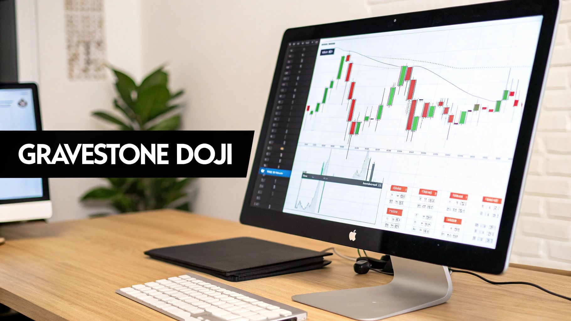 Gravestone Doji candlestick pattern displayed on trading chart with technical analysis indicators on computer screen