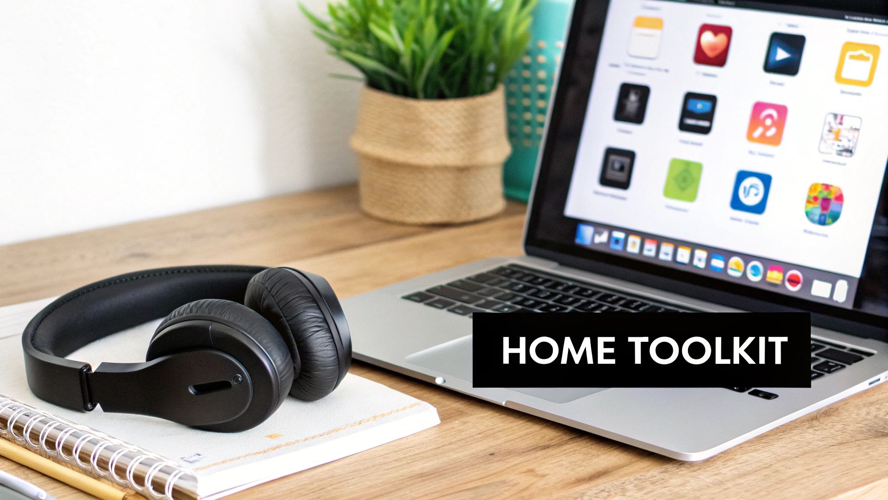 A person working from a well-organized home office setup with a laptop and coffee.