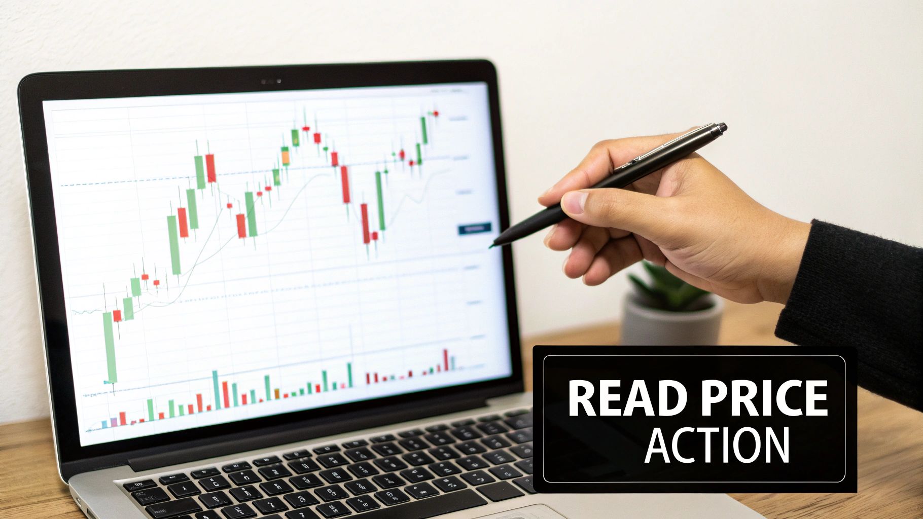 A person's hand with a pen pointing at a stock market chart on a laptop screen, with 'READ PRICE ACTION' text.