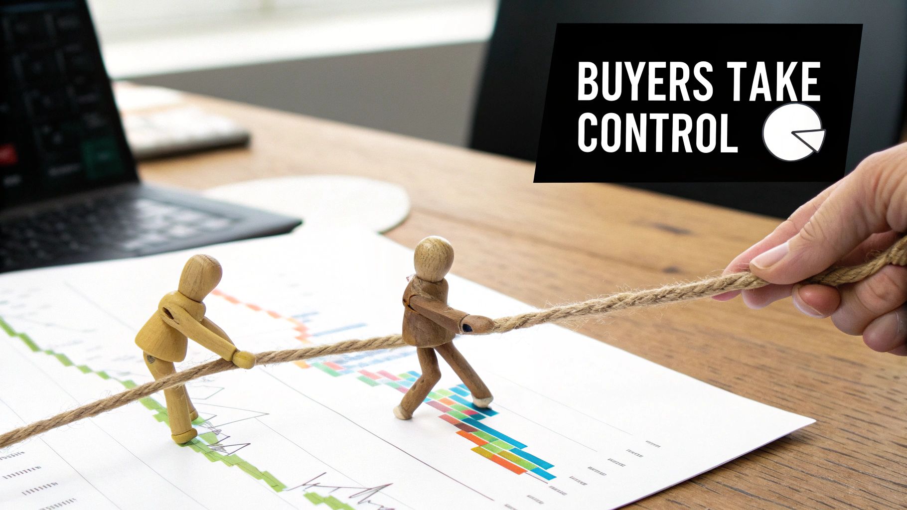 Wooden figures and a human hand in a tug-of-war over financial charts, with text 'BUYERS TAKE CONTROL'.