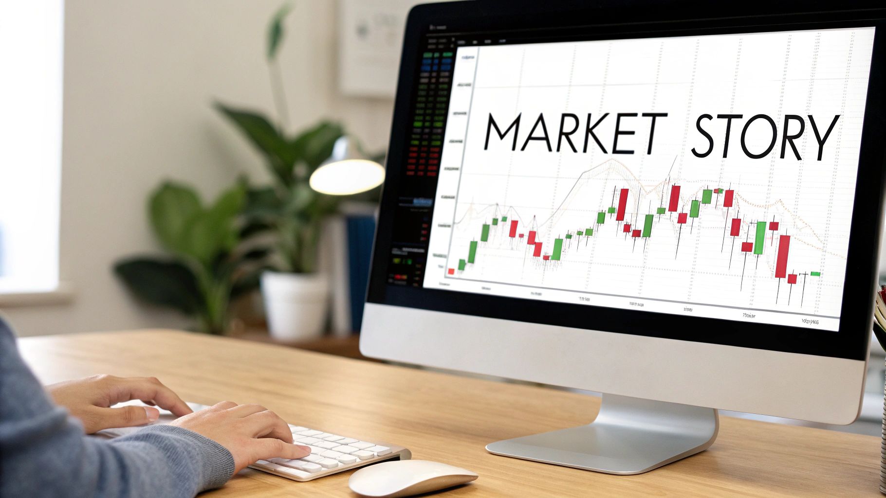 A person types on a keyboard while a computer monitor displays a market story stock chart.