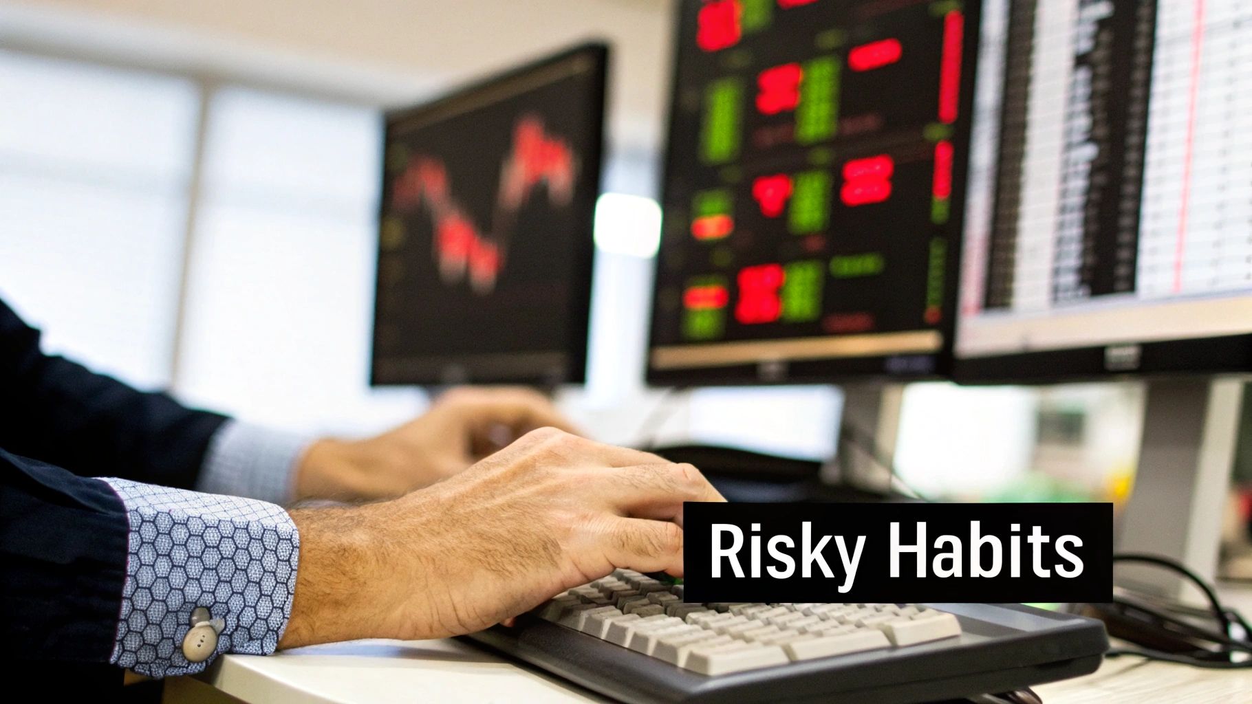 Close-up of a person's hands typing on a keyboard, with multiple monitors displaying financial market data.