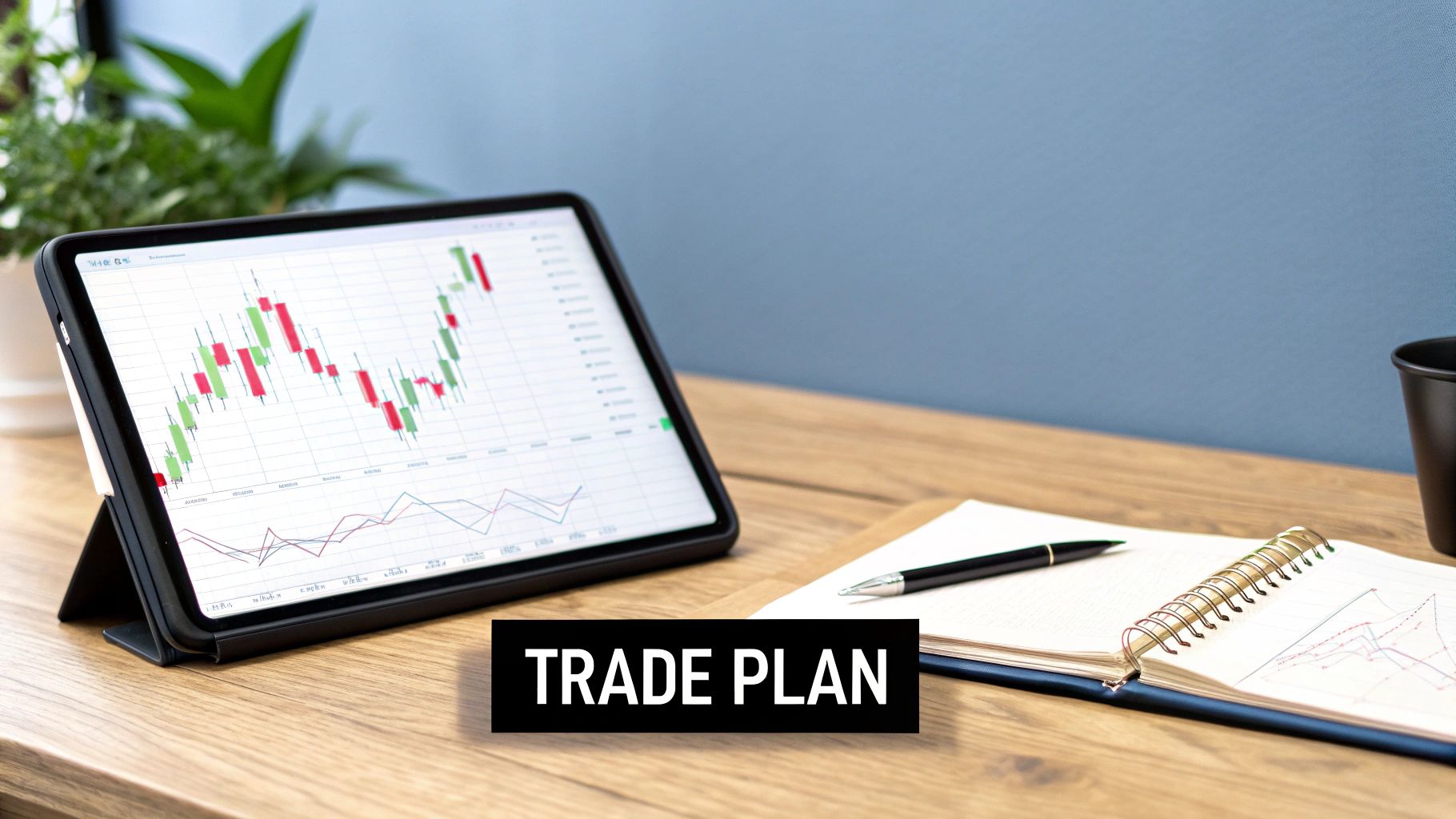 A tablet displaying a financial candlestick chart and a notebook with a 'TRADE PLAN' text overlay.