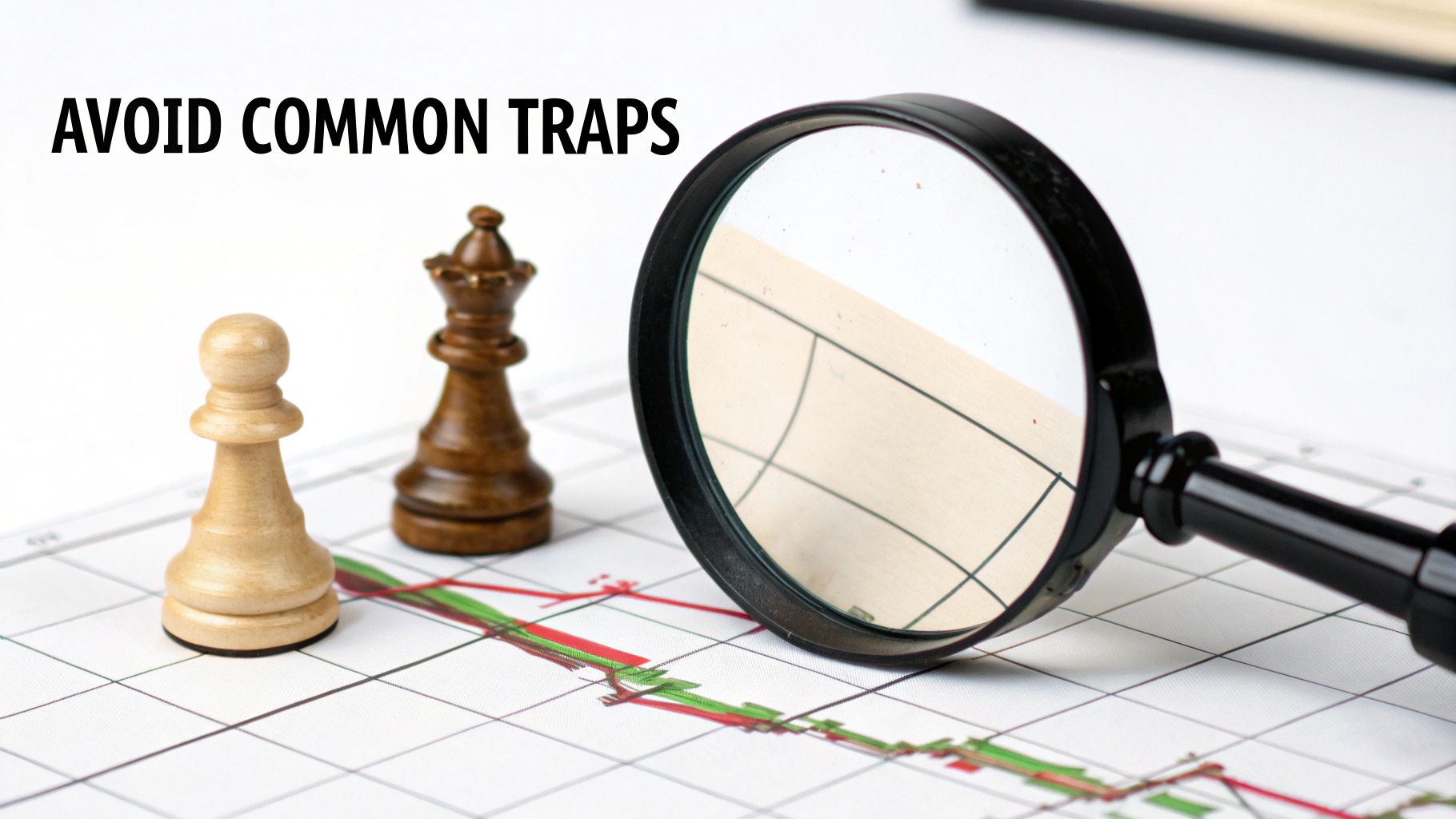 White chess pawn and dark queen on a financial chart with a magnifying glass, text reads 'AVOID COMMON TRAPS'.