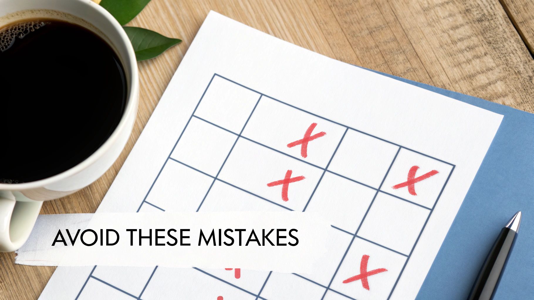 A calendar grid with red X marks, coffee, and text 'AVOID THESE MISTAKES' on a desk.