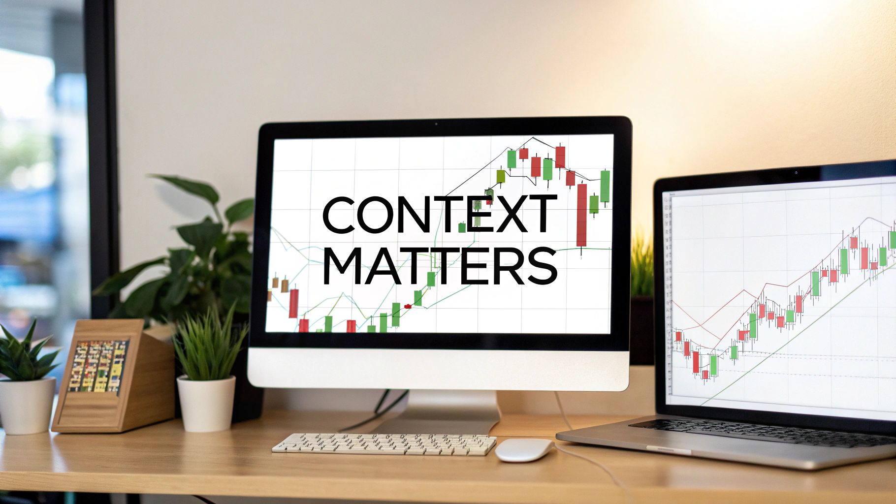 A trader analyzing financial charts on multiple screens, emphasizing the importance of market context.