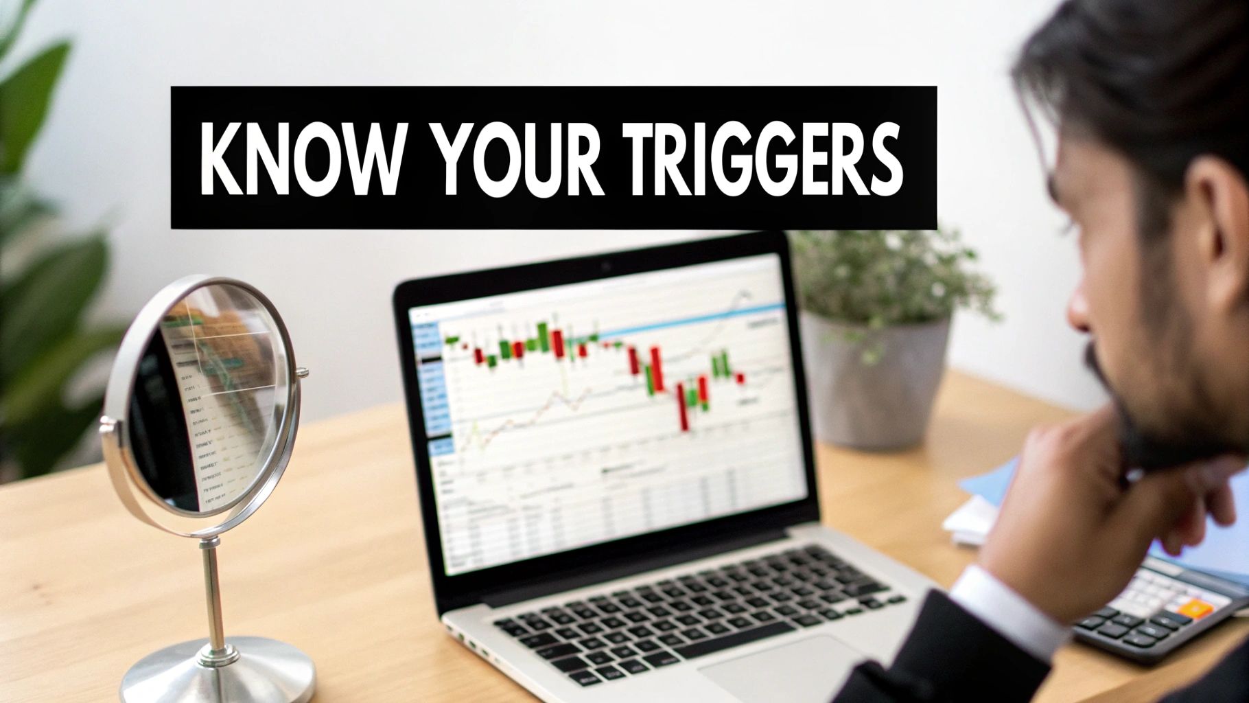A man in a suit reviews stock charts on a laptop, with a "Know Your Triggers" banner displayed above.