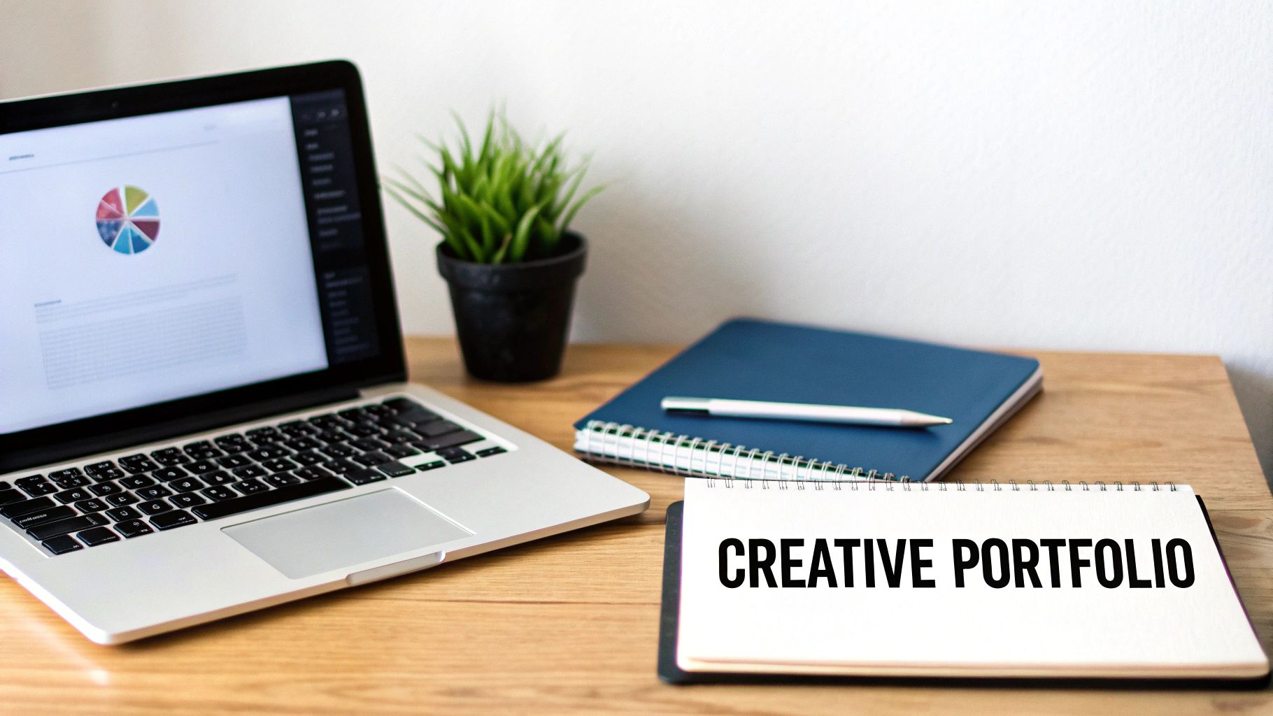 A creative workspace setup on a wooden desk with a laptop, potted plant, and a notebook labeled 'CREATIVE PORTFOLIO'.