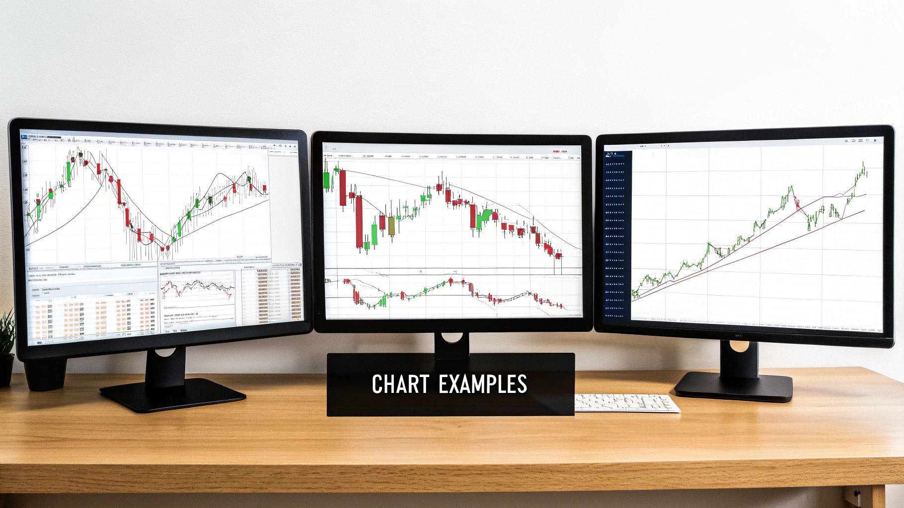 Three computer monitors on a wooden desk show financial trading charts with technical analysis patterns.