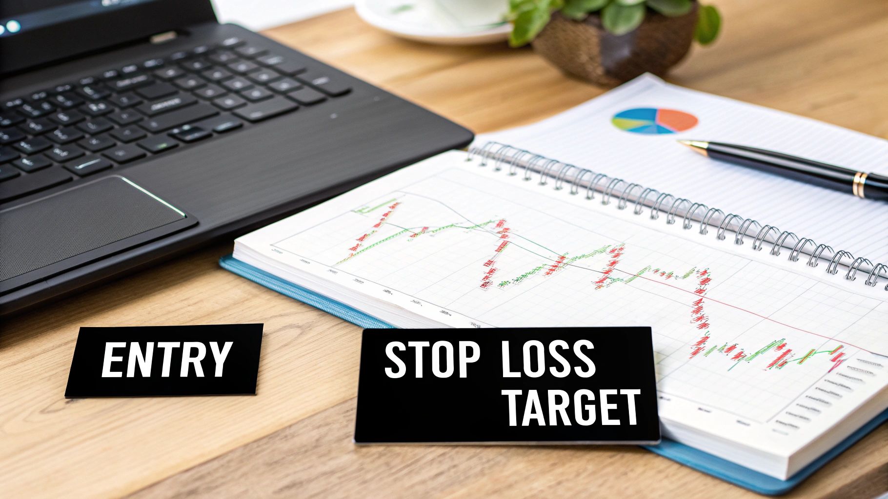 A trading desk setup with a laptop, a notebook showing stock charts, and cards labeled 'Entry' and 'Stop Loss Target'.