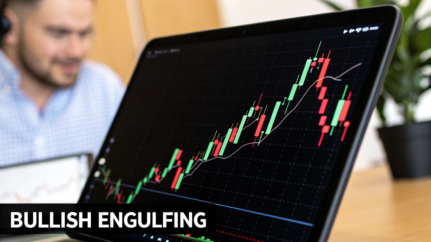 A laptop displays a financial candlestick chart with a bullish engulfing pattern. A person is blurred in the background.