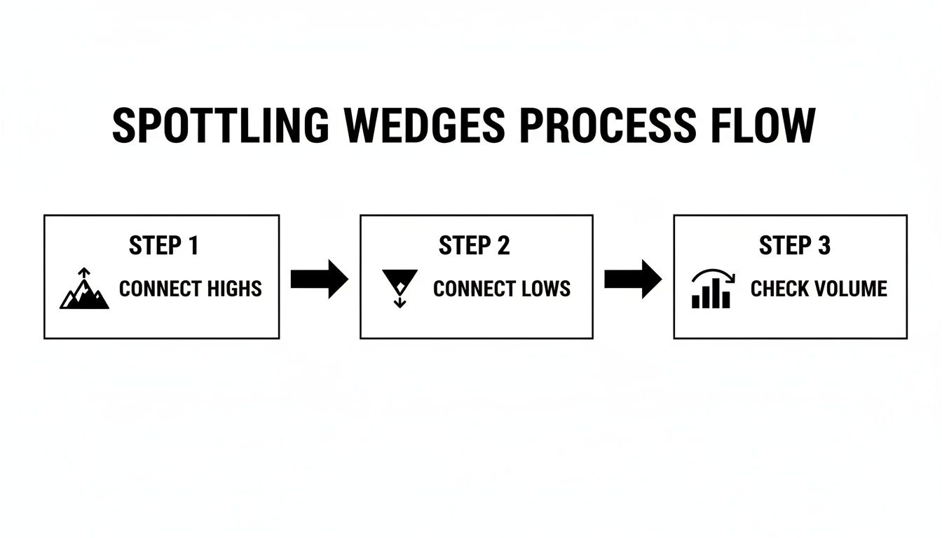 Process flow for spotting wedge patterns: connect highs, connect lows, then check volume.