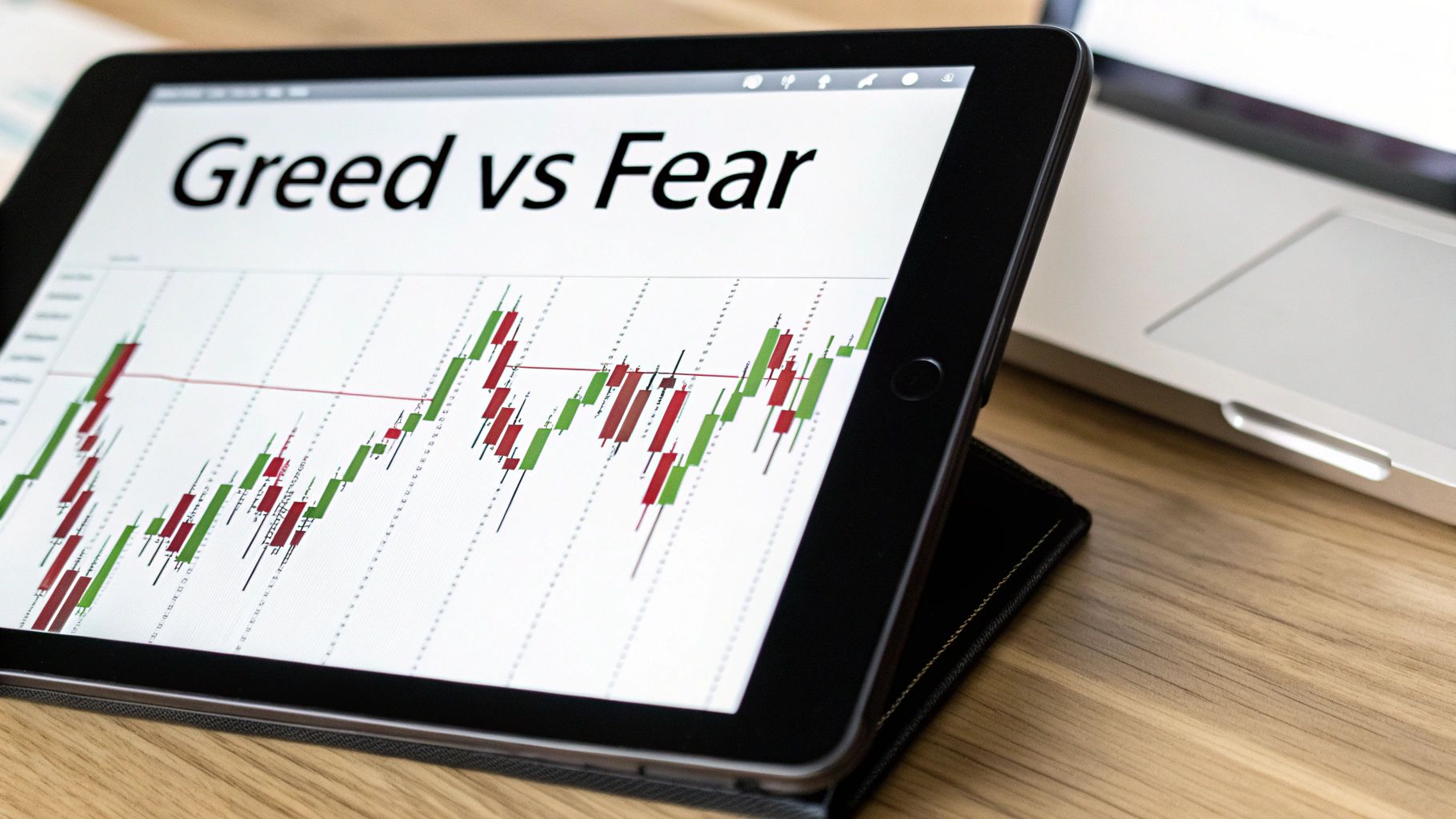 A tablet displays a "Greed vs Fear" stock chart with green and red candlesticks, on a wooden desk next to a laptop.