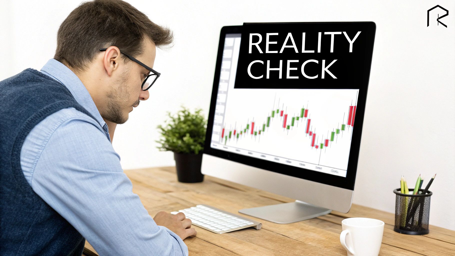 Side view of a focused man in glasses analyzing a stock chart on a computer screen.