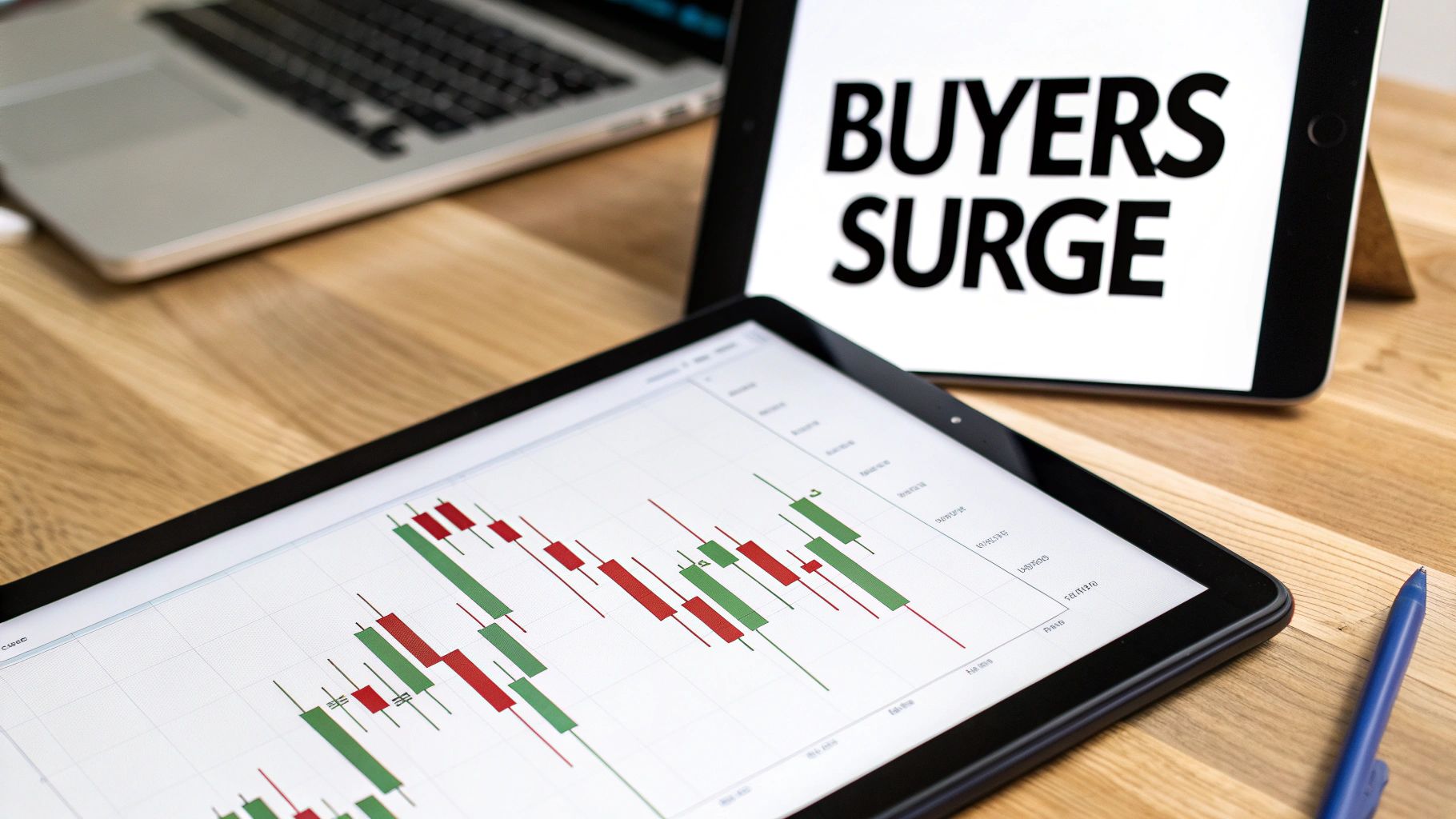 Two tablets and a laptop on a wooden desk, one displaying stock charts, the other 'BUYERS SURGE'.
