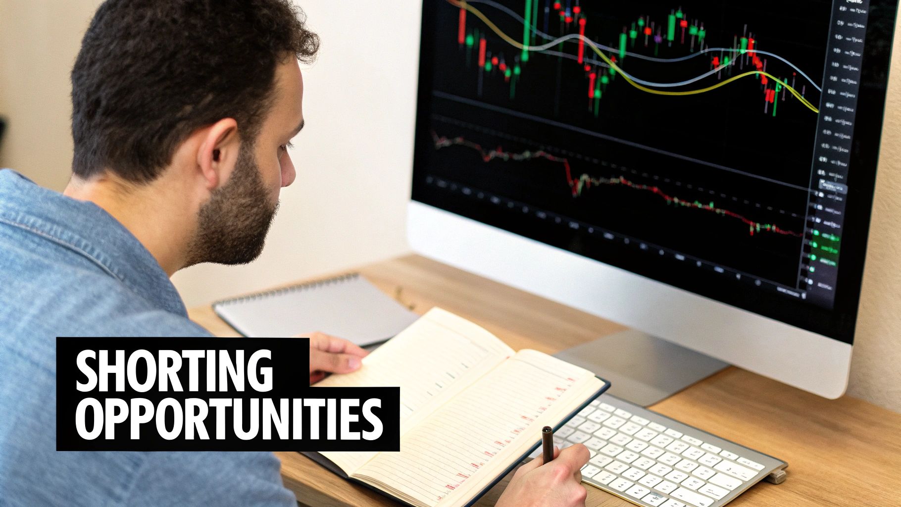 A man studies stock market charts on a computer screen and takes notes about "shorting opportunities."