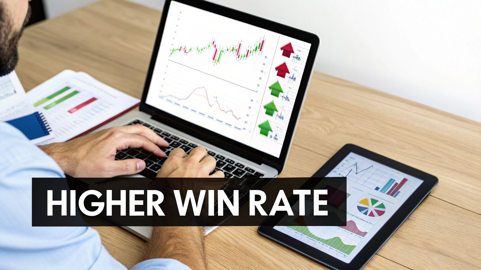 A trader analyzing financial charts on a laptop and tablet, aiming for a higher win rate in trading.