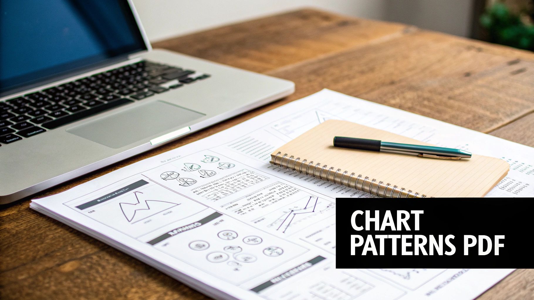 A detailed cheat sheet of trading chart patterns displayed on a digital screen.