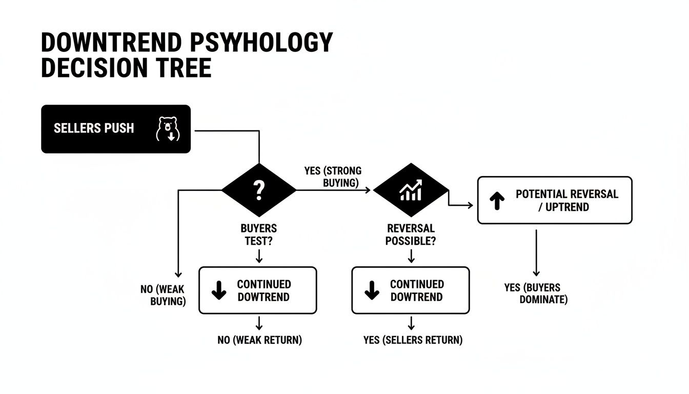 Flowchart illustrating downtrend psychology, analyzing buyer tests, seller pushes, and potential market reversals.
