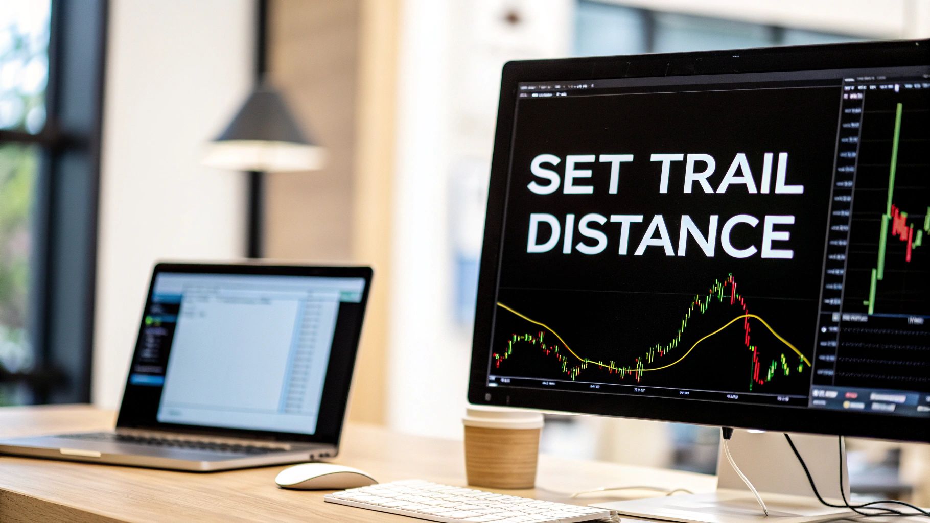 Modern workspace with computers, a monitor showing financial trading data and 'SET TRAIL DISTANCE'.