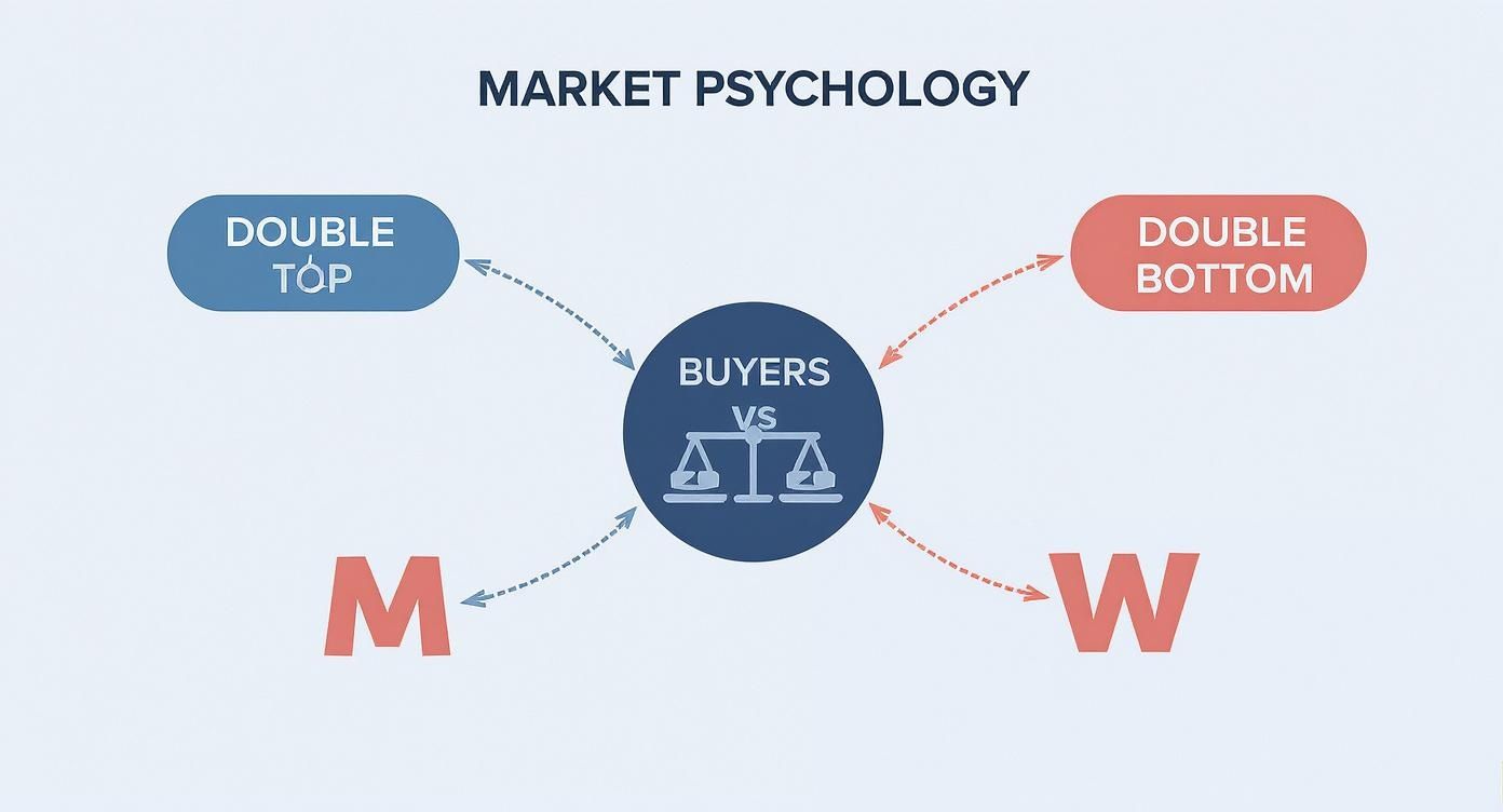 Diagram illustrating market psychology with double top, M, double bottom, and W patterns centered on buyers.