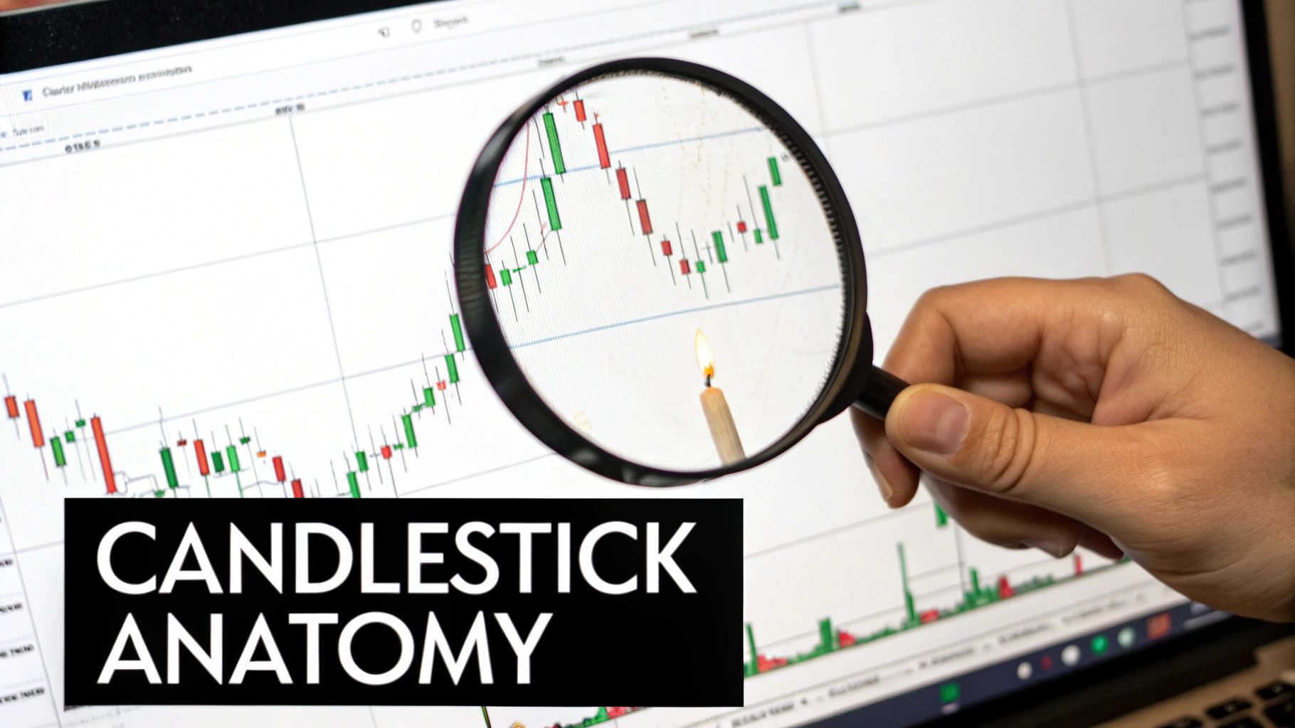 A diagram showing the anatomy of bullish and bearish candlesticks, highlighting the body, wicks, high, low, open, and close prices.