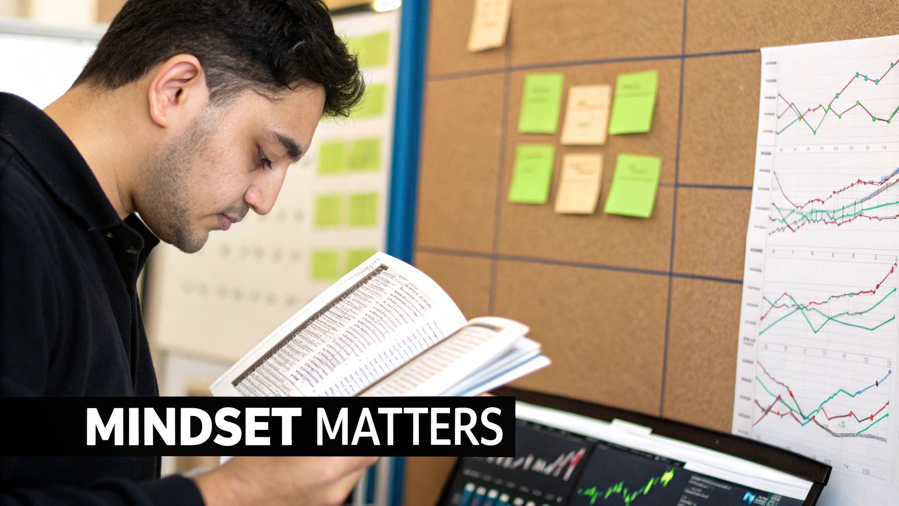A person is meditating in front of a computer with trading charts, symbolizing mental focus and clarity.