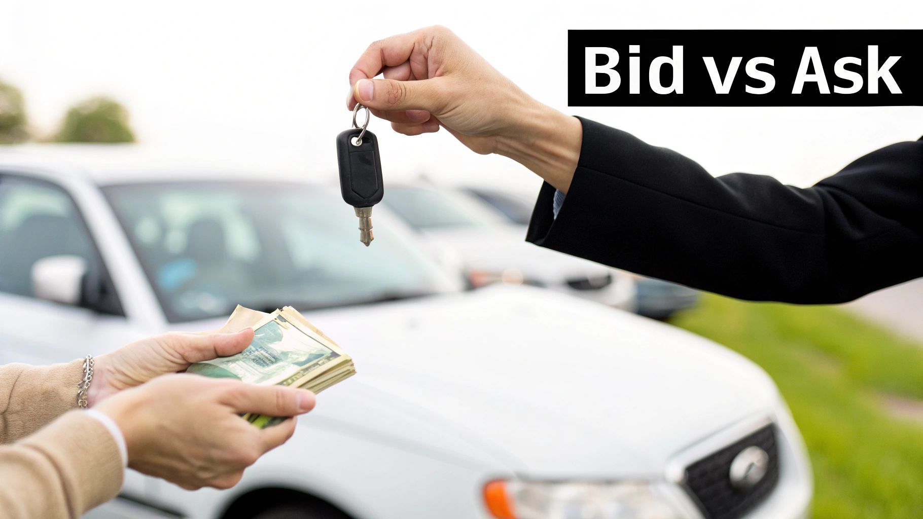 Hands exchanging car keys for cash, illustrating the financial concept of bid vs ask.
