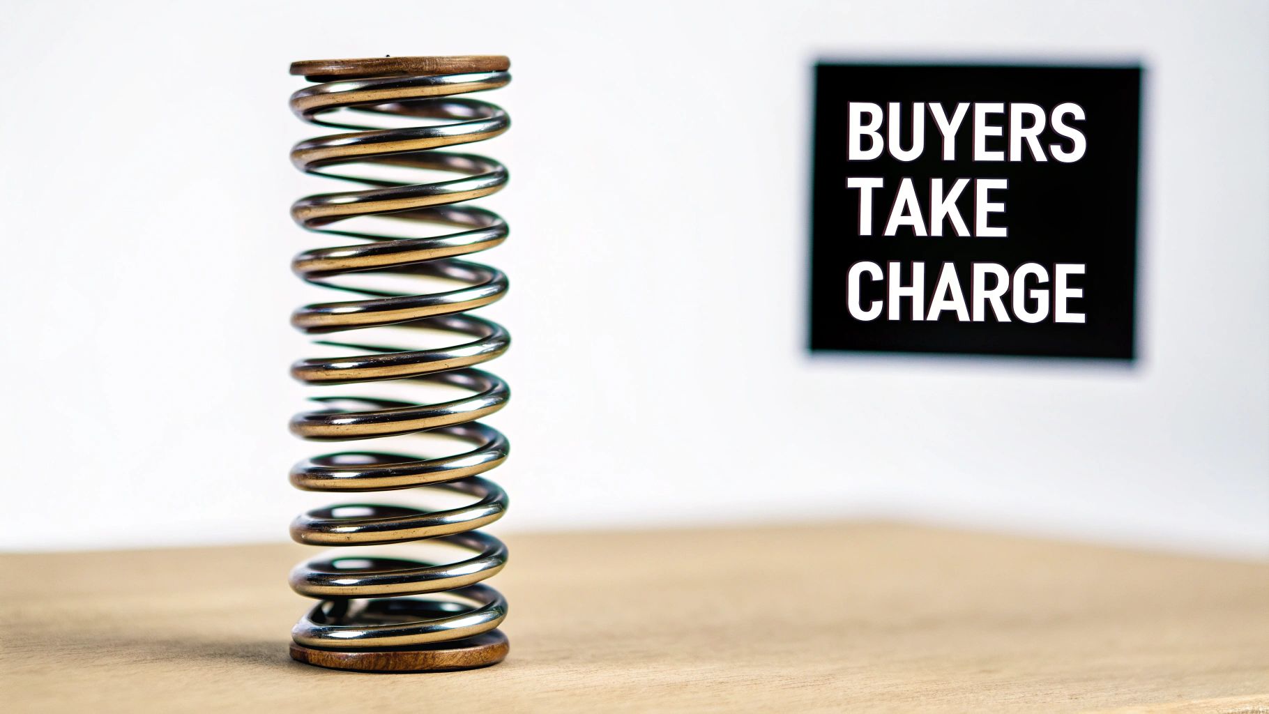A tall metal spring stands on a wooden surface next to a sign saying 'BUYERS TAKE CHARGE'.