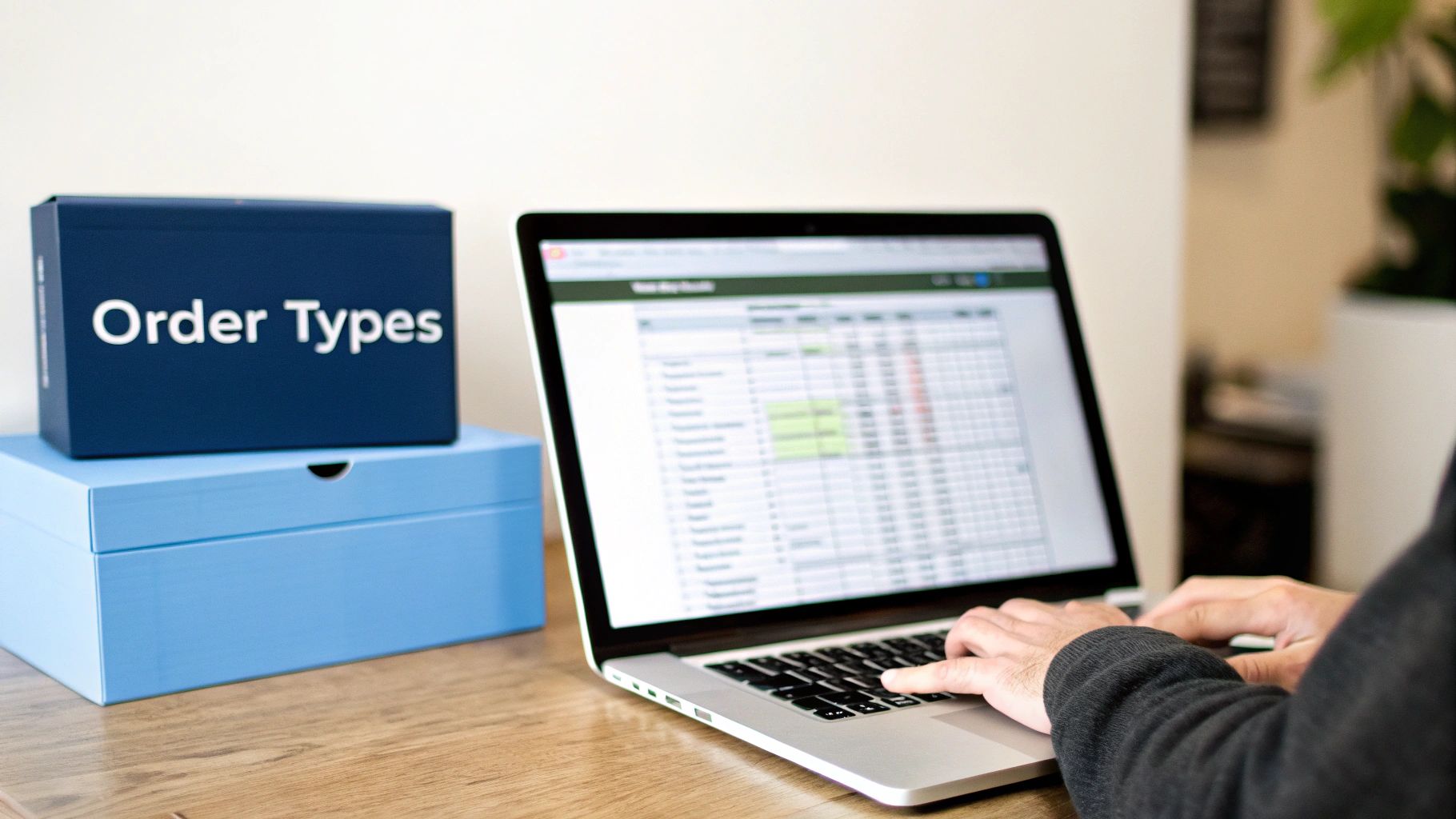 Hands typing on a laptop with a spreadsheet, alongside two blue boxes, one labeled 'Order Types'.