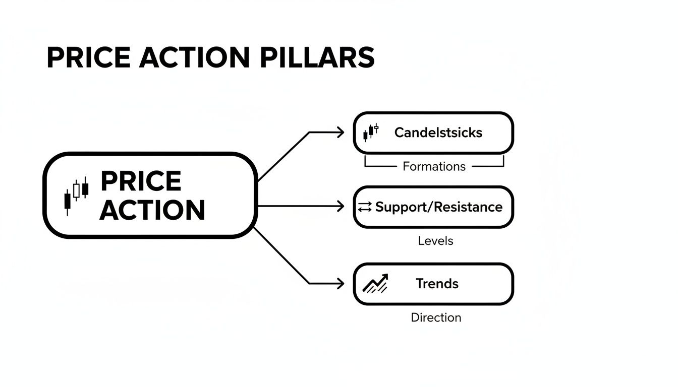 A diagram illustrating the three pillars of price action trading: candlesticks, support/resistance, and trends.
